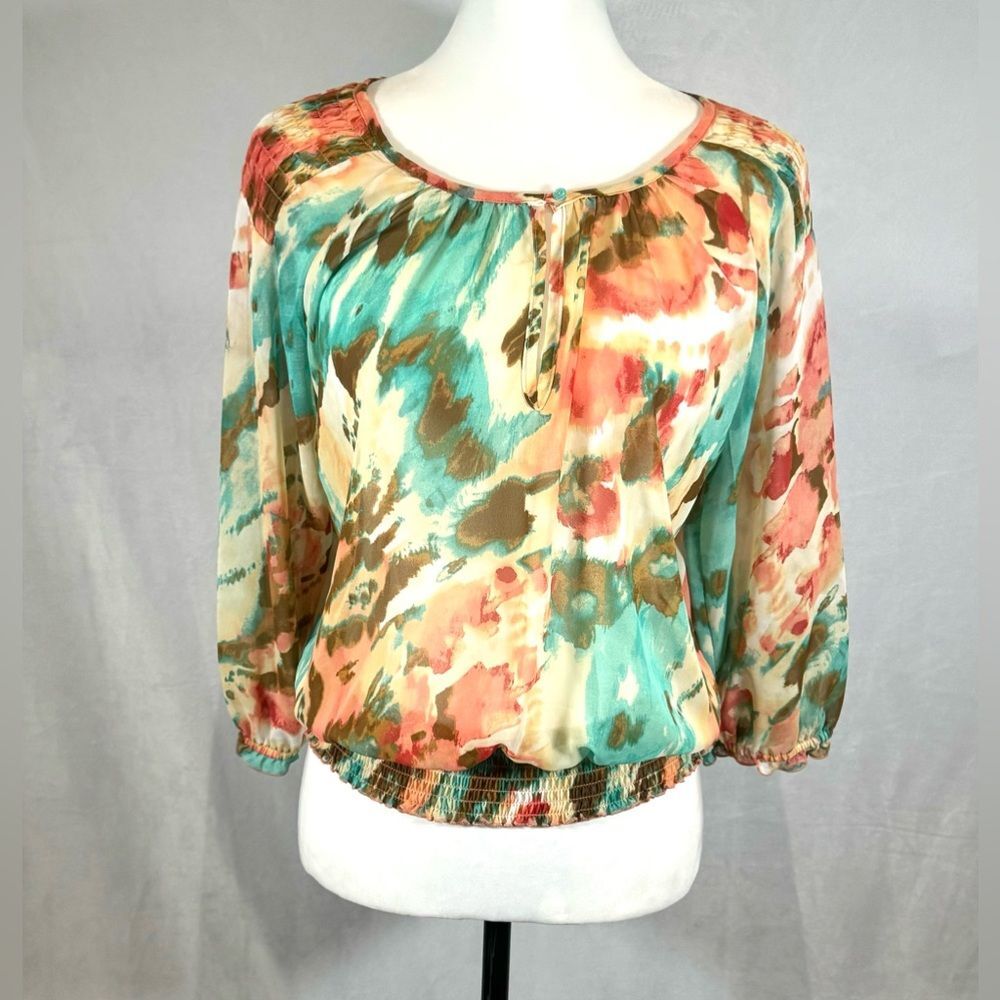Colorful watercolor abstract print smocked top size small petite